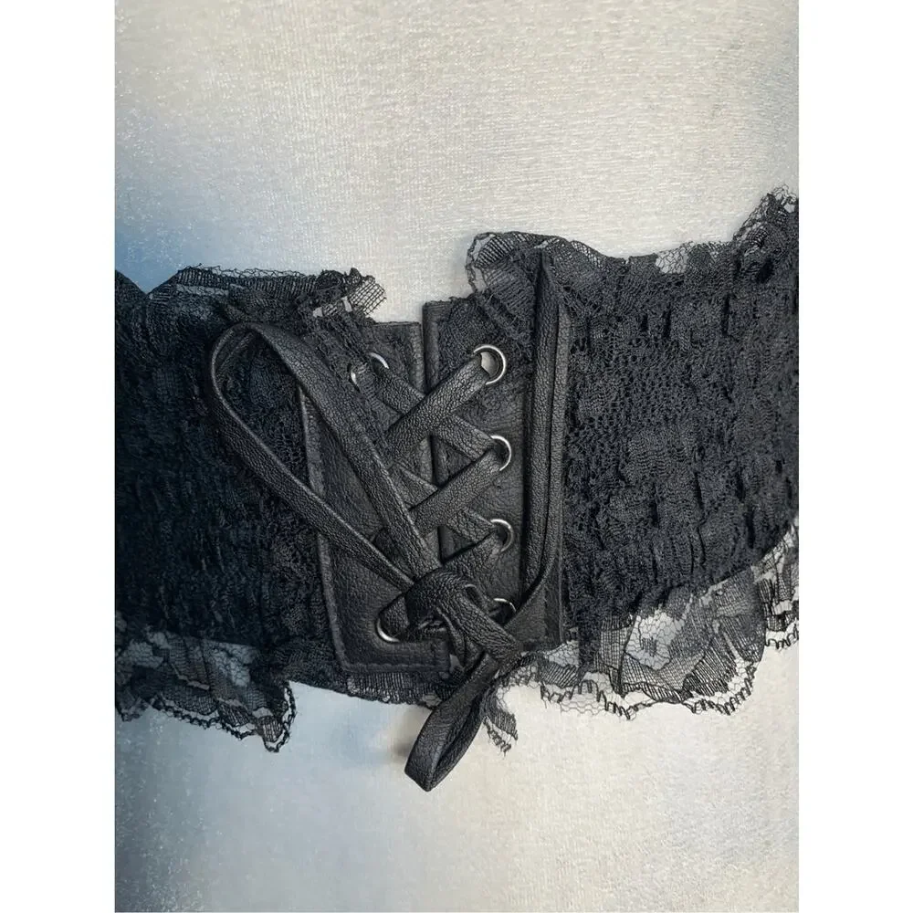 Deadstock Vintage Y2K Black Lace Corset Belt Leather Trim Statement Wide Cincher